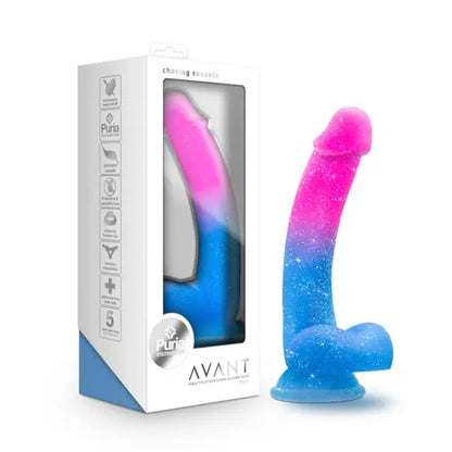Chasing Sunsets - Mermaid Dildo - white box on left with Chasing Sunsets colorful dildo on the right