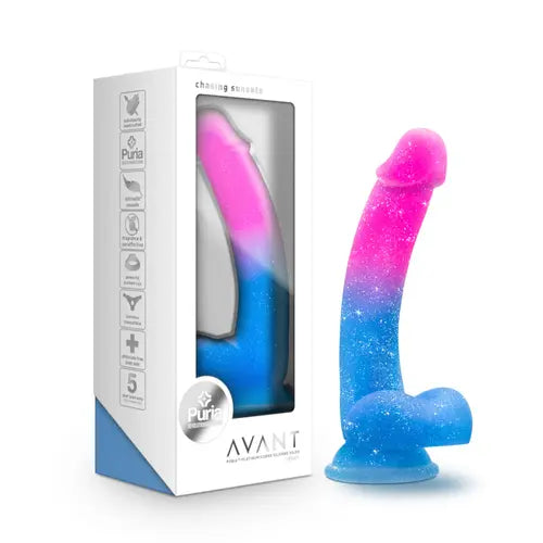 Chasing Sunsets - Mermaid Dildo - white box on left with Chasing Sunsets colorful dildo on the right