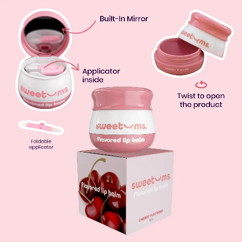 cherry lip balm features including build in mirror and applicator
