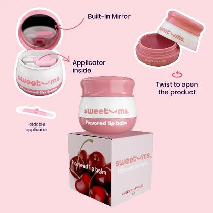 cherry lip balm features including build in mirror and applicator
