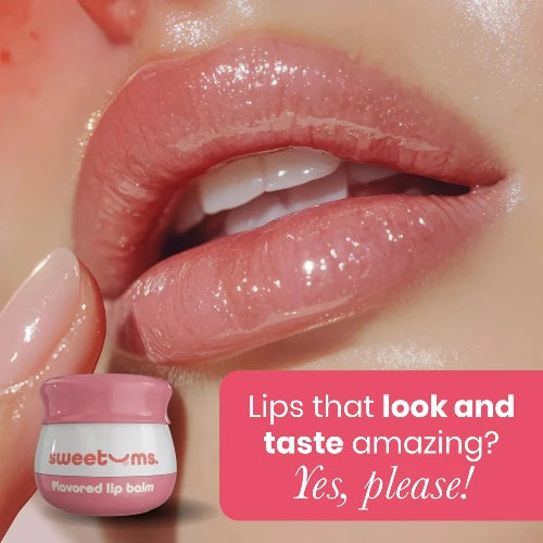 Lip balm with a close-up of lips and promotional text.