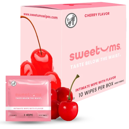 Sweetums cherry-flavored intimate wipes packaging with cherries on a white background