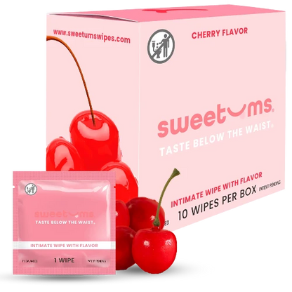 Sweetums cherry-flavored intimate wipes packaging with cherries on a white background