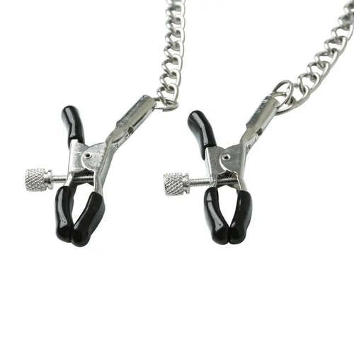Closeup of Nipple Clamps attached by a silver chain