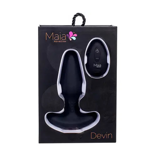 Black Devin Butt Plug and black remote control in black package