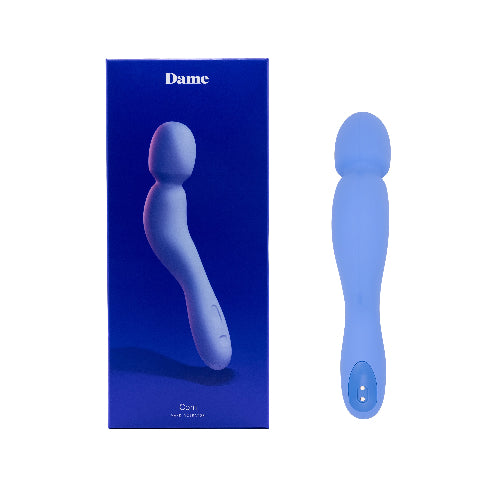 com wand vibrator periwinkle next to blue box 