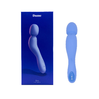 com wand vibrator periwinkle next to blue box 