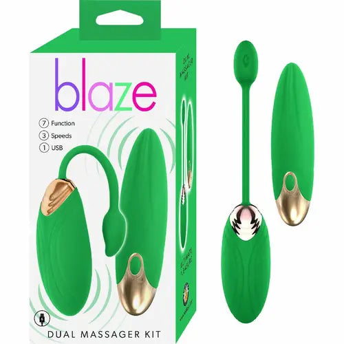 Blaze Dual Massager Kit - green and white box on left and two green vibrators on the right