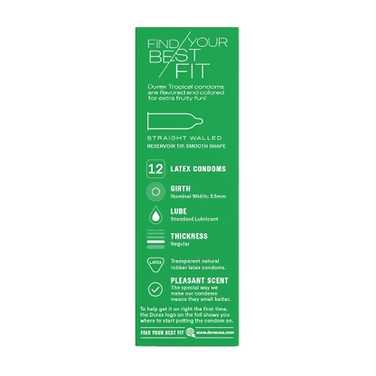 durex tropical flavored condoms - green information panel with product details
