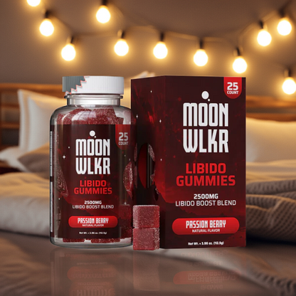 clear bottle of red moonwlkr gummies with white cap next to red package with bedroom in the background