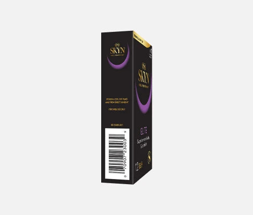 sky elite condoms site of box - black box with gold lettering