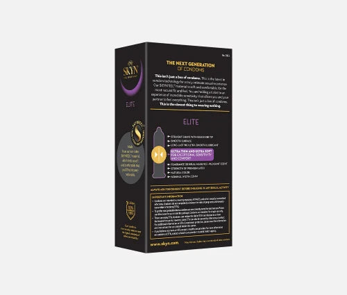 skyn elite condoms - back of box - black box with gold lettering