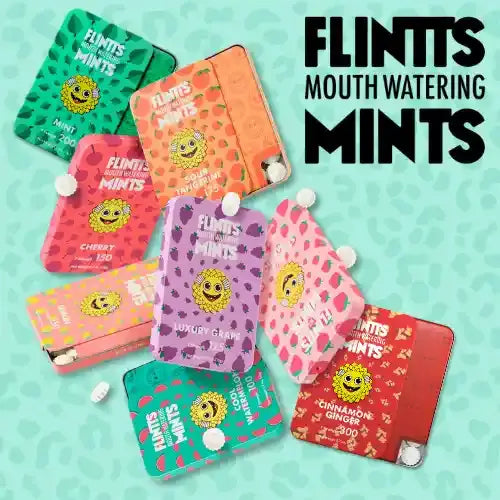 Flintts Mouthwatering Mints - colorful mint packages against green background