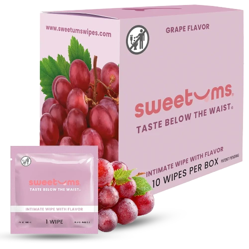 Box and single wipe of sweetums grape-flavored intimate wipes on a white background