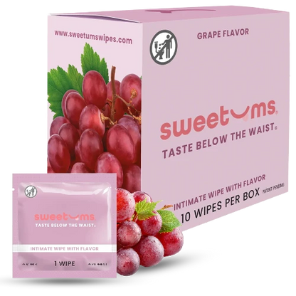 Box and single wipe of sweetums grape-flavored intimate wipes on a white background