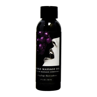 Black massage oil bottle with a label featuring a face and grapes on a white background
