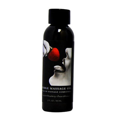 black bottle of edible massage oil with strawberry
