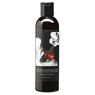 black bottle of edible massage oil with cherry