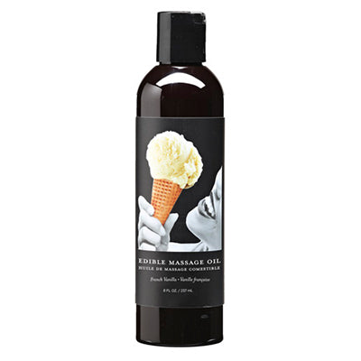 black bottle of edible massage oil with vanilla ice cream cone