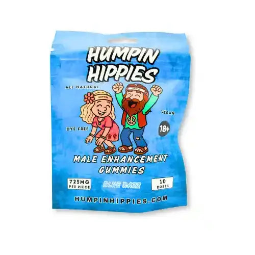 Blue package with two cartoon hippies against white background
