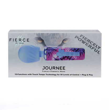 JOURNEE mini vibrator - packaging - silver box that says "Fiercely Powerful" with image of purple vibrator