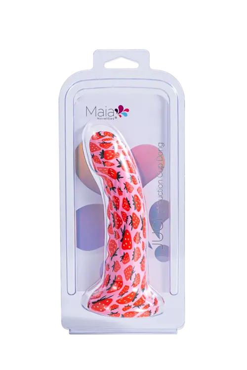 JUCI strawberry print dildo - pink with colorful strawberries in white package with clear plastic