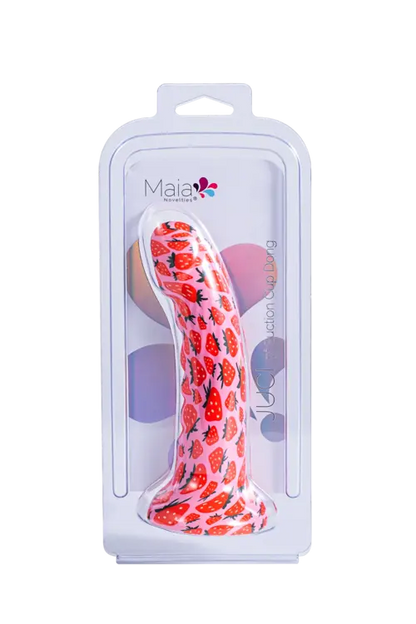 JUCI strawberry print dildo - pink with colorful strawberries in white package with clear plastic
