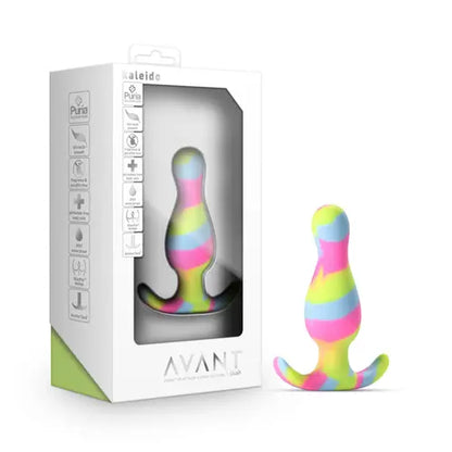 Avant by Blush Kaleido Butt Plug - White box on left and rainbow butt plug on right