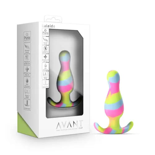 Avant by Blush Kaleido Butt Plug - White box on left and rainbow butt plug on right