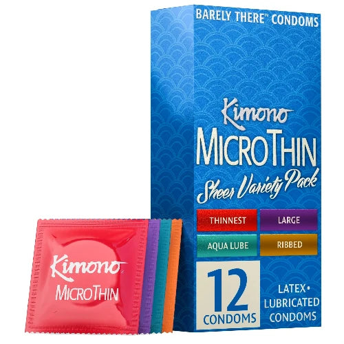 Kimono MicroThin condoms packaging with a variety of colors on a white background