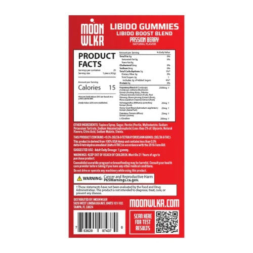 nutrition label for moonwlkr gummies - red and white with black lettering