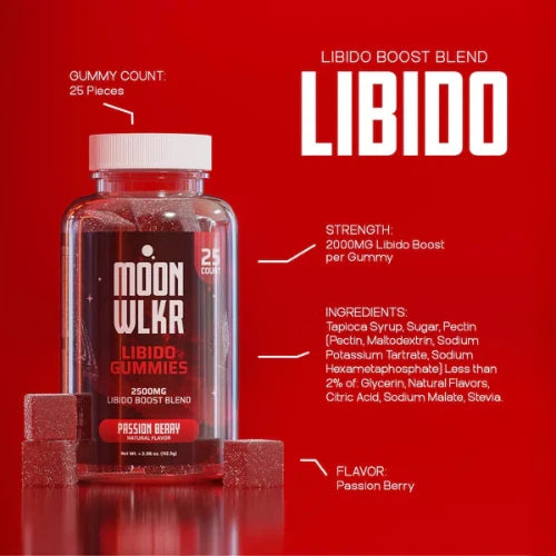 clear bottle with red gummies inside with product details against red background