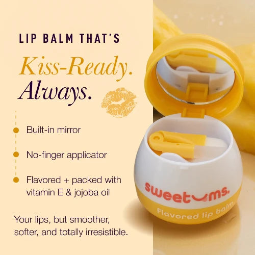 Yellow and white lip balm container with mirror and applicator, on a beige background.