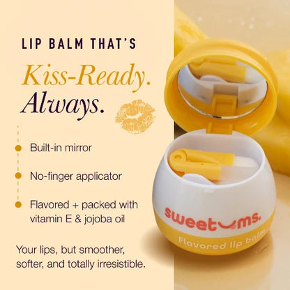 Yellow and white lip balm container with mirror and applicator, on a beige background.