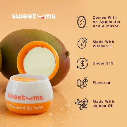 Sweetums lip balm with mango and product features on a beige background