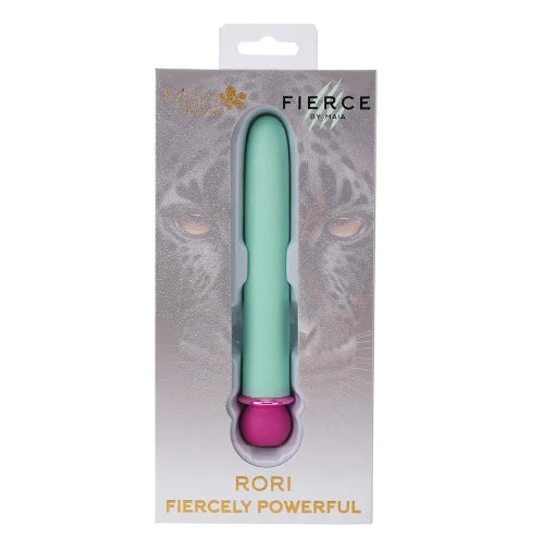 Teal Rori Vibrator in silver package with jaguar image