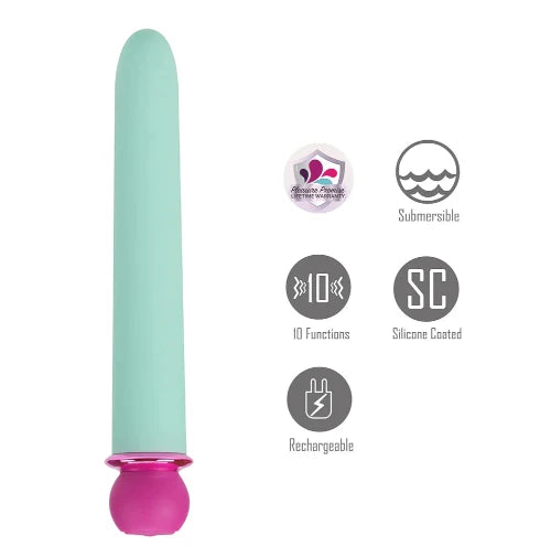 Teal bullet vibrator next to product details