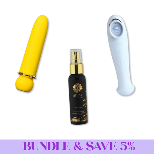 three adult products - yellow vibrator, blue suction device, and black toy cleaner - on white background