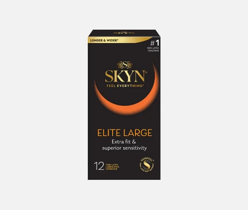 skyn elite large condoms - black box with gold lettering