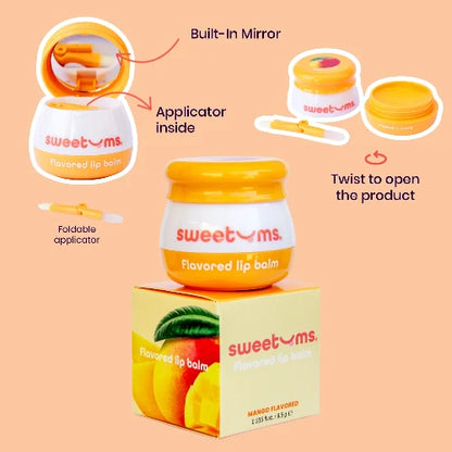 Sweetums flavored lip balm with packaging and features on a peach background