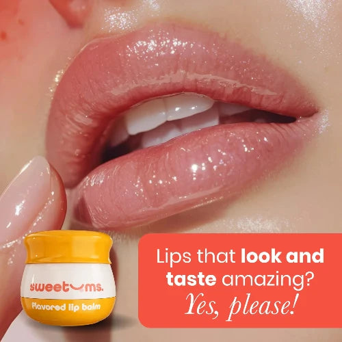 Lips with a lip balm container and promotional text for sweetums lip balm.