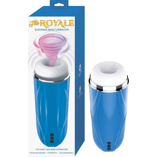 The Royale Sucking Masturbator blue and white package on left and blue sucking toy on right