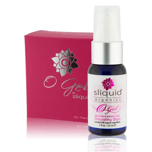 O Gel Sliquid Organics red box on left and stimulating gel bottle on right