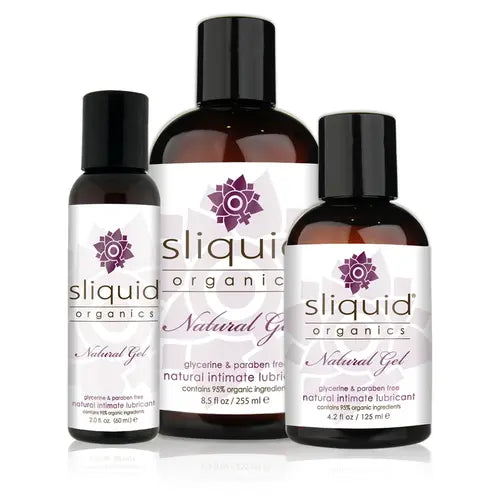Sliquid Organics Natural Gel Lubricant - Three bottles with white and purple labels and black caps