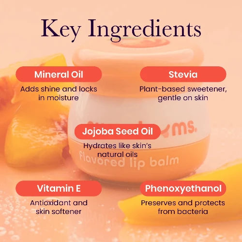 Key ingredients of a lip balm with a close-up of the product on a pink background.