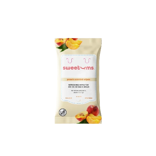 Package of sweetums peach scented wipes on a white background