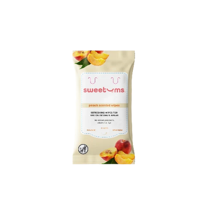 Package of sweetums peach scented wipes on a white background