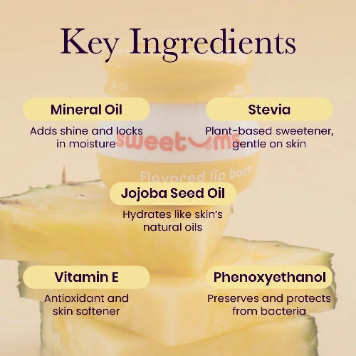 Lip balm with labeled key ingredients on a beige background