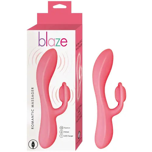 blaze romantic massager - red and white box on the left with red dual stimulator on the right