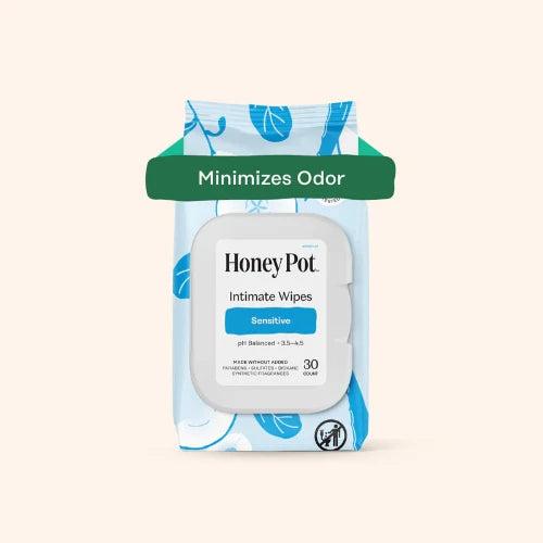 Pack of Honey Pot Intimate Wipes with blue floral design on a beige background